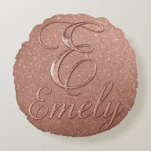 Personalized Rose Gold Glitter Name Design – Emely Round Pillow