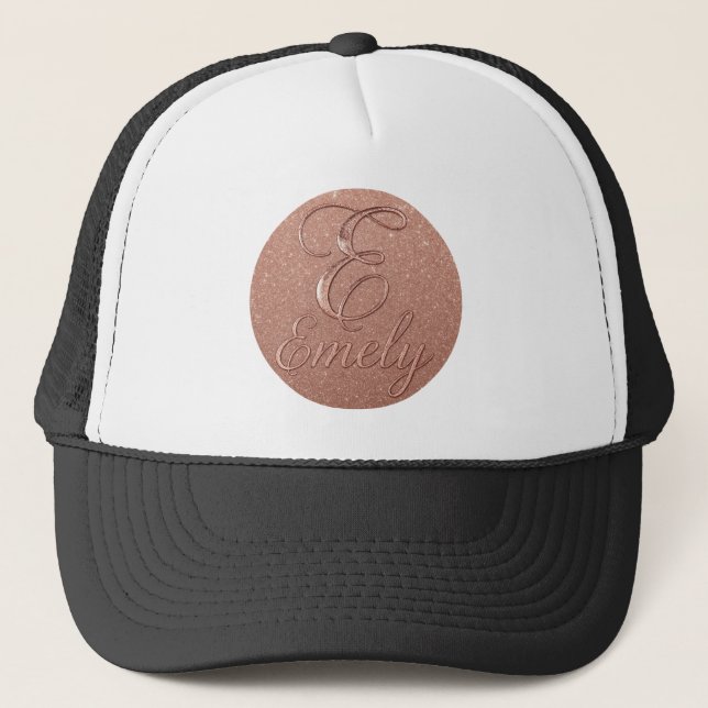 Personalized Rose Gold Glitter Name Design – Emely Trucker Hat (Front)