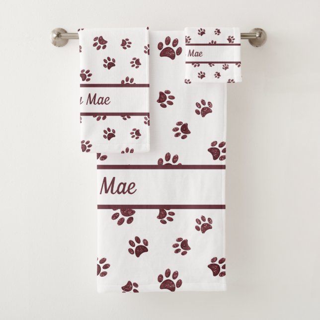 Personalized Rose Gold Glitter Paw Prints Bath Towel Set (Insitu)