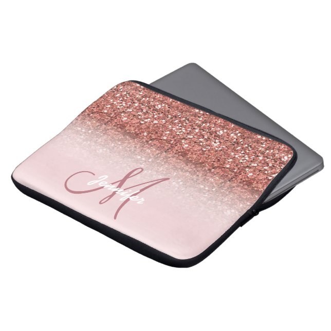 Personalized Rose Gold Glitter Sparkles Monogram Laptop Sleeve (Front Top)