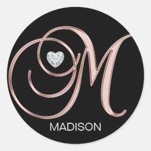 Personalized Rose Gold Heart Monogrammed Letter M Classic Round Sticker
