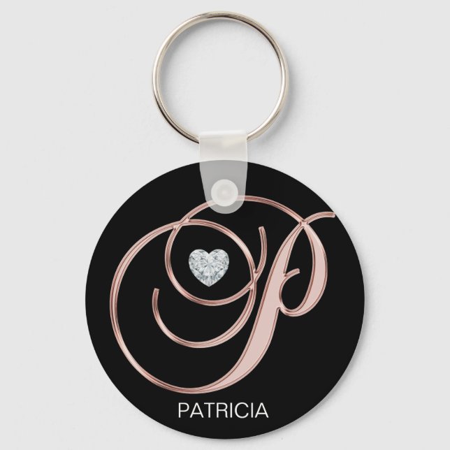 Personalized Rose Gold Heart Monogrammed Letter P Keychain (Front)