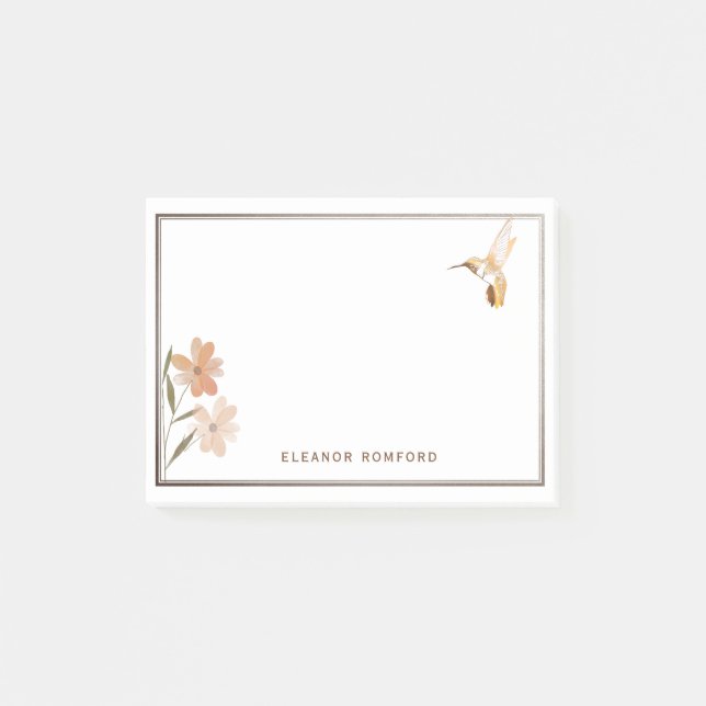 Personalized Rose Gold Hummingbird and Flower Post-it Notes (Front)