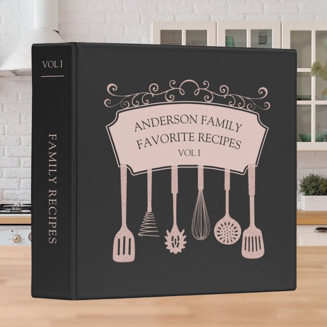 Personalized Rose Gold Kitchen Utensils Recipe Binder (In situ)