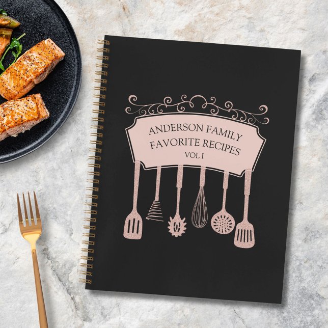 Personalized Rose Gold Kitchen Utensils Recipe Notebook (In situ)