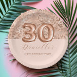 Personalized Rose Gold Leopard Print 30th Birthday Paper Plate<br><div class="desc">The top half of this chic, girly design features a pattern of sparkly rose gold leopard spots on a blush pink background, with "30" in large rose gold balloon numbers. Add the guest of honour's name in elegant dark rose handwriting script on a blush background, with the words "30th birthday...</div>