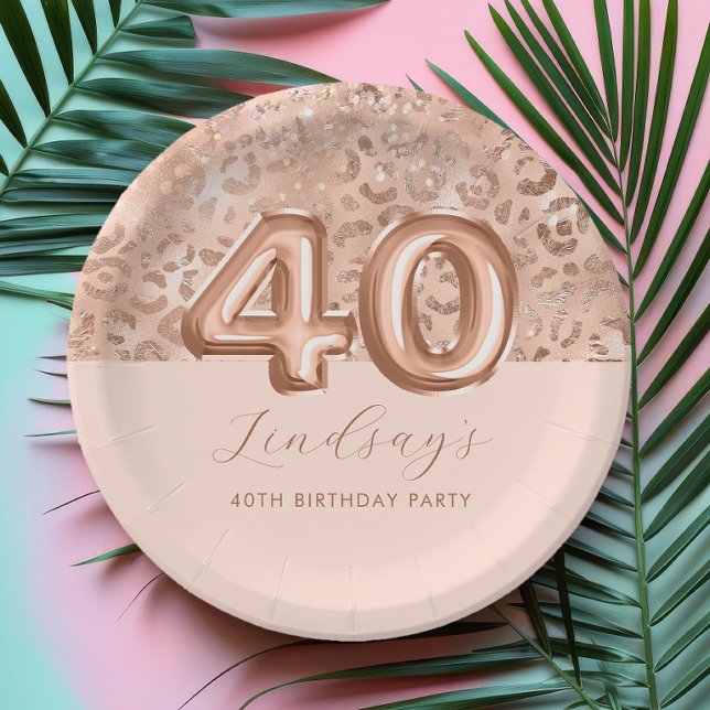 Personalized Rose Gold Leopard Print 40th Birthday Paper Plate (Creator Uploaded)