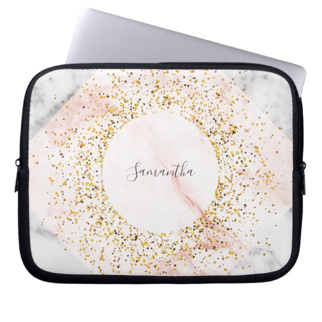 Personalized Rose Gold Marble Glitter Laptop Case (Front)