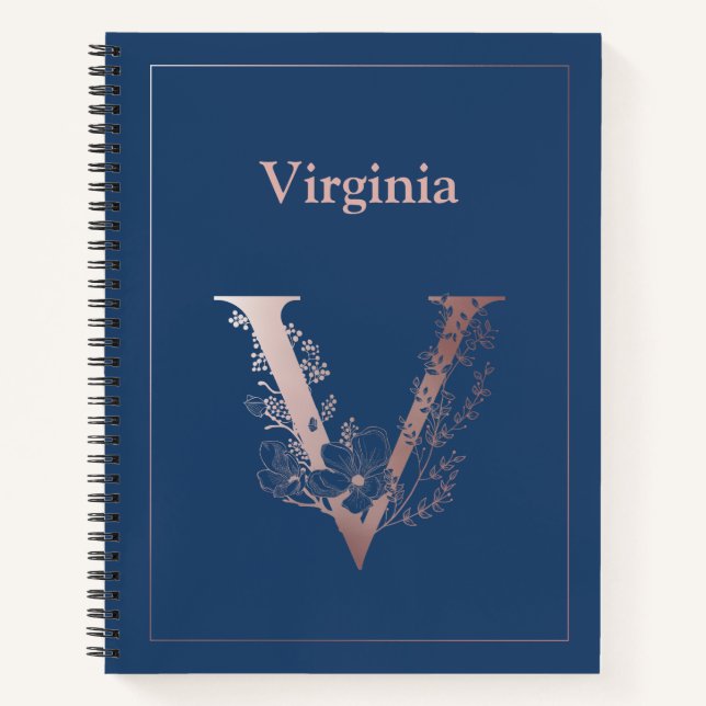 Personalized Rose Gold Monogram Initial V Notebook (Front)