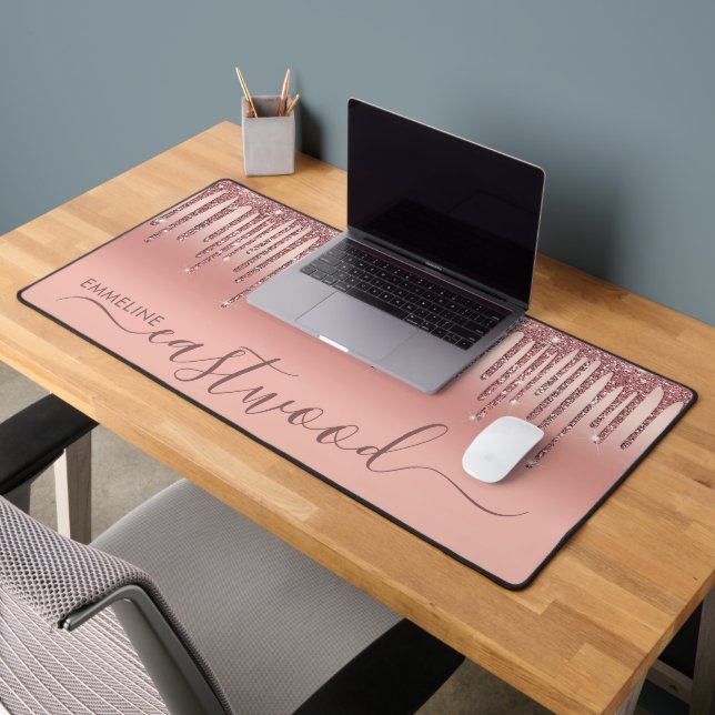 Personalized Rose Gold Ombre Glitter Drips Desk Mat (Office 2)