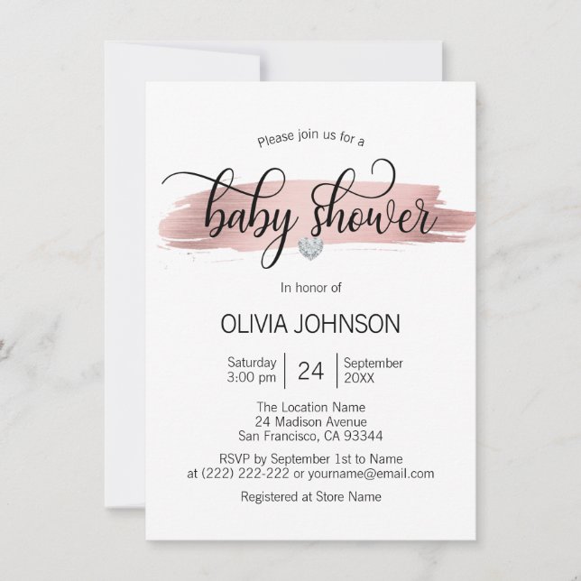 Personalized Rose Gold Pink White Girl Baby Shower Invitation (Front)