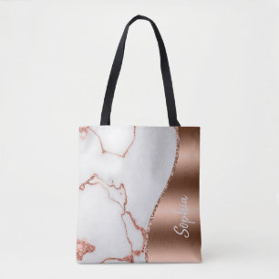 Personalized Rose Gold Shimmer Marble Glam Glitter Tote Bag