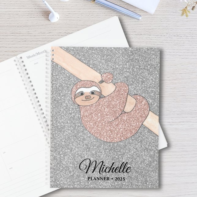 Personalized Rose Gold Silver Glitter Sloth  Planner (Creator Uploaded)