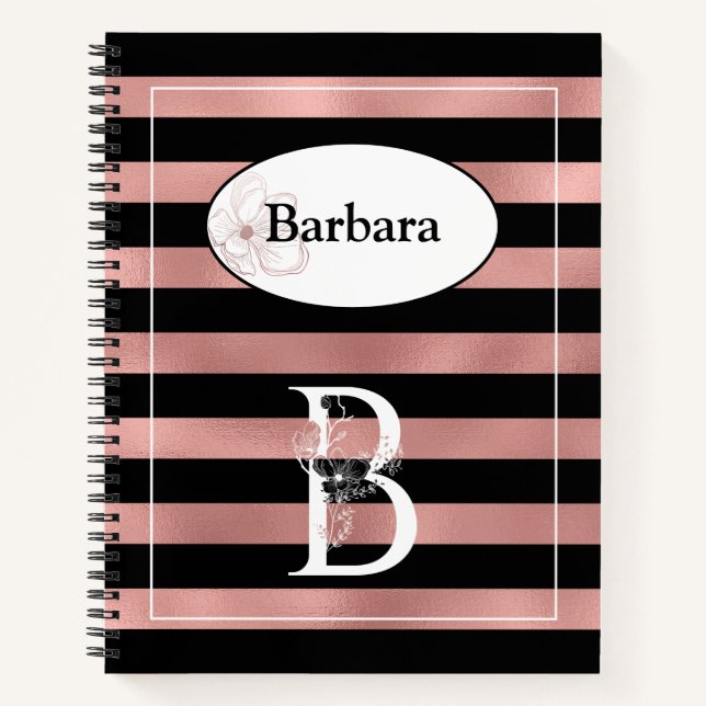 Personalized Rose Gold Stripes with Initial B Notebook (Front)