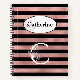 Personalized Rose Gold Stripes with Initial C Notebook