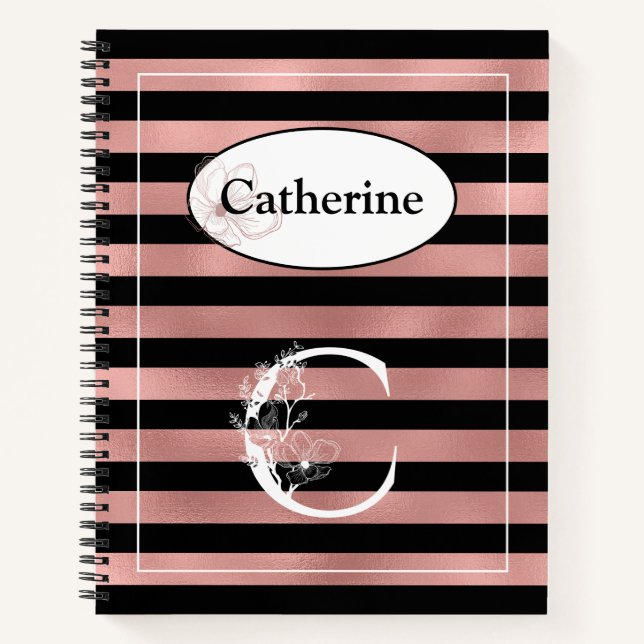 Personalized Rose Gold Stripes with Initial C Notebook (Front)