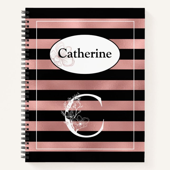 Personalized Rose Gold Stripes with Initial C Notebook (Front)