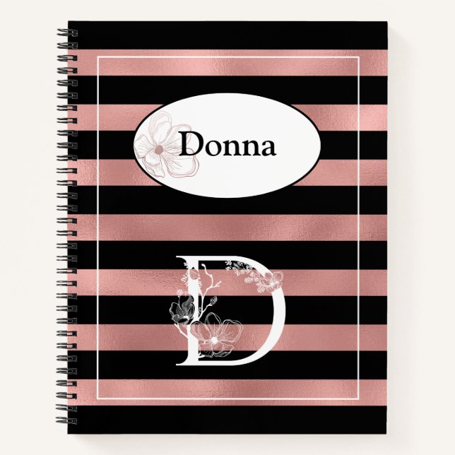 Personalized Rose Gold Stripes with Initial D Notebook (Front)