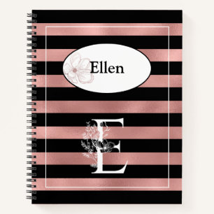 Personalized Rose Gold Stripes with Initial E Notebook