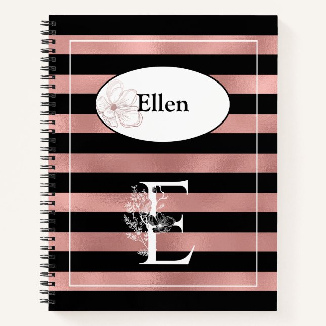 Personalized Rose Gold Stripes with Initial E Notebook (Front)