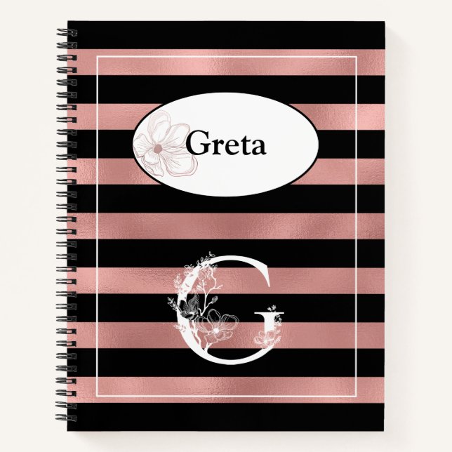 Personalized Rose Gold Stripes with Initial G Notebook (Front)
