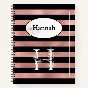 Personalized Rose Gold Stripes with Initial H Notebook
