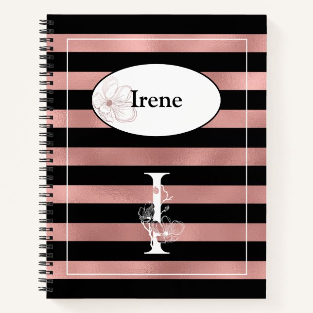 Personalized Rose Gold Stripes with Initial I Notebook (Front)