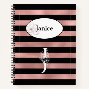 Personalized Rose Gold Stripes with Initial J Notebook