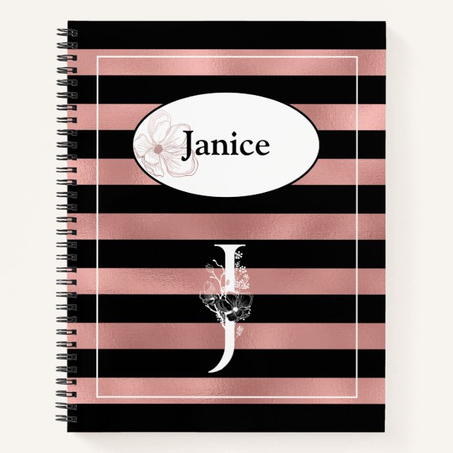 Personalized Rose Gold Stripes with Initial J Notebook (Front)