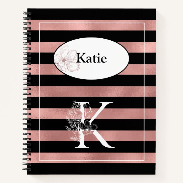 Personalized Rose Gold Stripes with Initial K Notebook (Front)