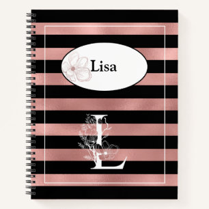 Personalized Rose Gold Stripes with Initial L Notebook