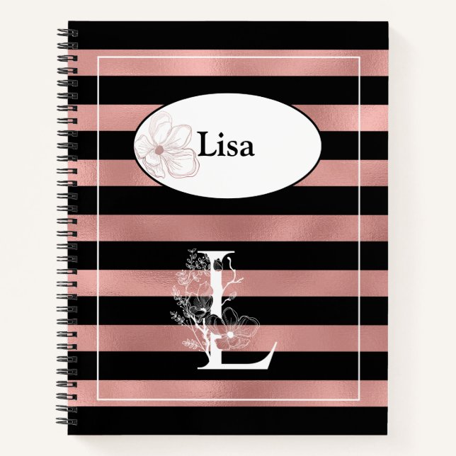Personalized Rose Gold Stripes with Initial L Notebook (Front)