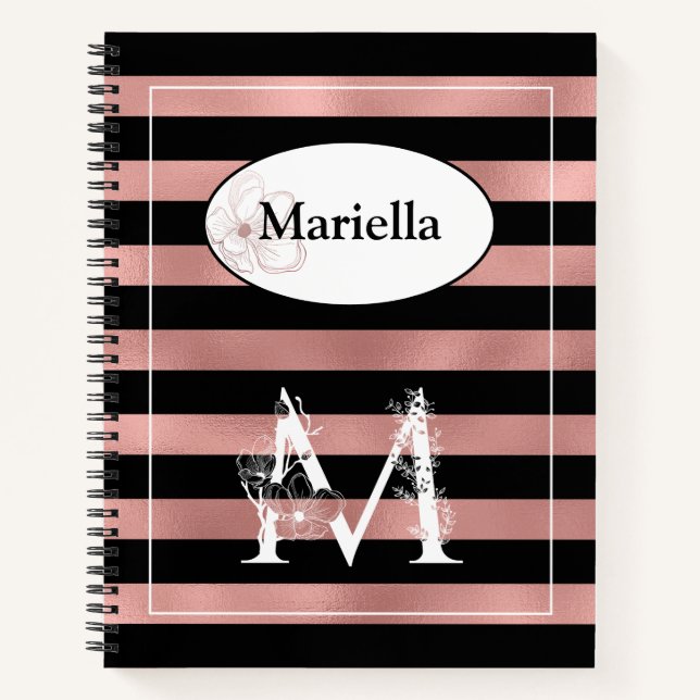 Personalized Rose Gold Stripes with Initial M Notebook (Front)