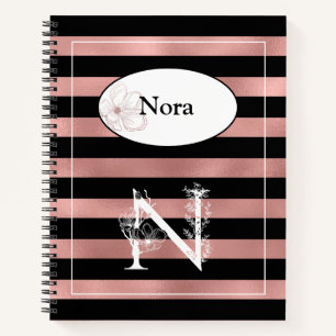 Personalized Rose Gold Stripes with Initial N Notebook