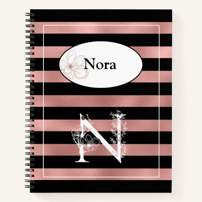 Personalized Rose Gold Stripes with Initial N Notebook (Front)