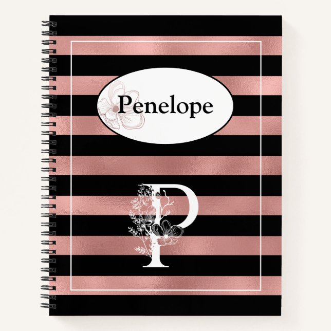 Personalized Rose Gold Stripes with Initial P Notebook (Front)