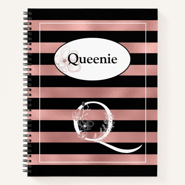 Personalized Rose Gold Stripes with Initial Q Notebook (Front)