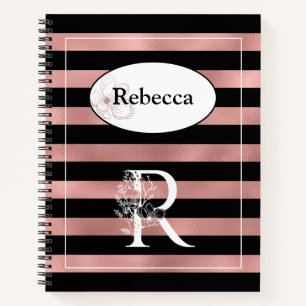 Personalized Rose Gold Stripes with Initial R Notebook