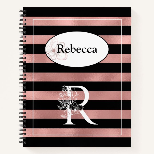 Personalized Rose Gold Stripes with Initial R Notebook (Front)