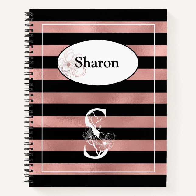 Personalized Rose Gold Stripes with Initial S Notebook (Front)