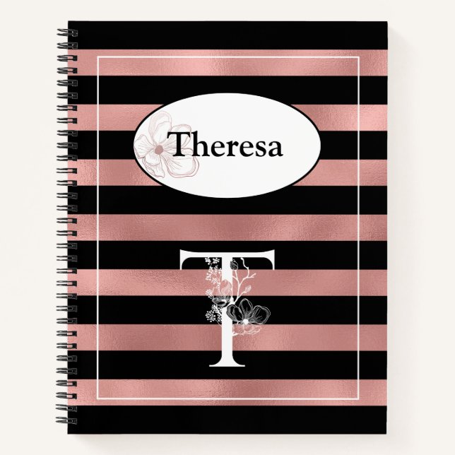 Personalized Rose Gold Stripes with Initial T Notebook (Front)