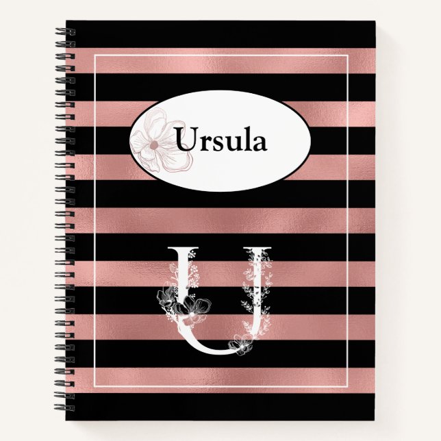 Personalized Rose Gold Stripes with Initial U Notebook (Front)