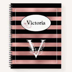 Personalized Rose Gold Stripes with Initial V Notebook
