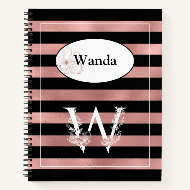 Personalized Rose Gold Stripes with Initial W Notebook (Front)