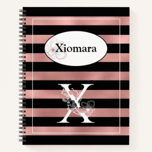 Personalized Rose Gold Stripes with Initial X Notebook