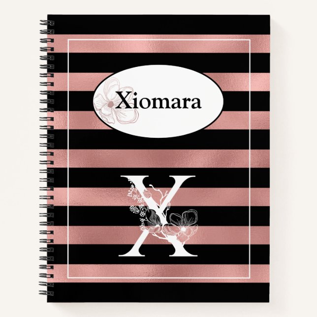 Personalized Rose Gold Stripes with Initial X Notebook (Front)