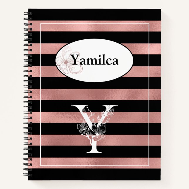 Personalized Rose Gold Stripes with Initial Y Notebook (Front)