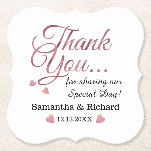 Personalized Rose Gold Thank You Wedding Favour  Paper Coaster (Front)