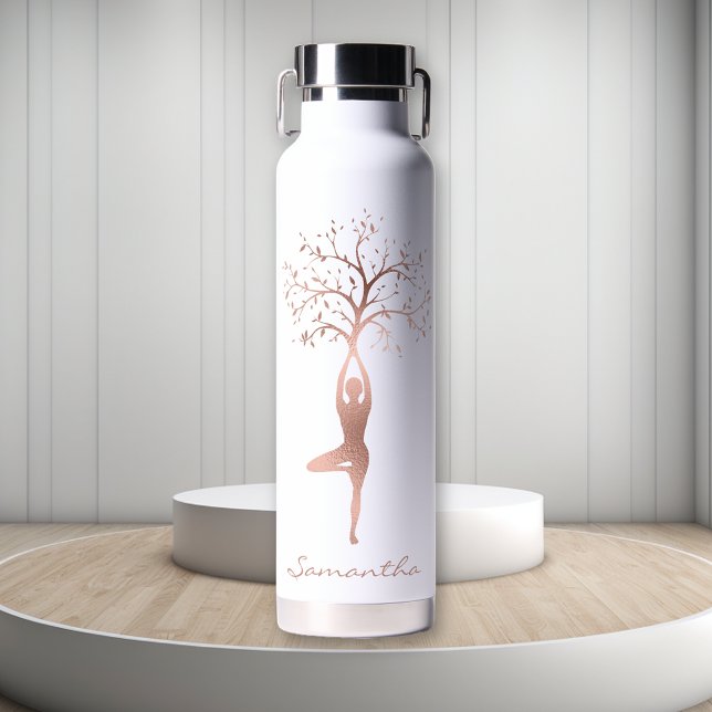 Personalized Rose Gold Tree Pose Namaste  Water Bottle (Creator Uploaded)
