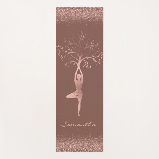 Personalized Rose Gold Tree Pose Namaste Yoga Mat (Front)